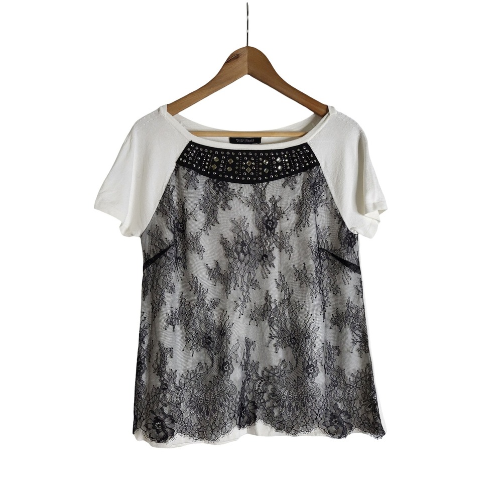 White House Black Market Lace Front Embellished Knit Top White Black S Chic Glam